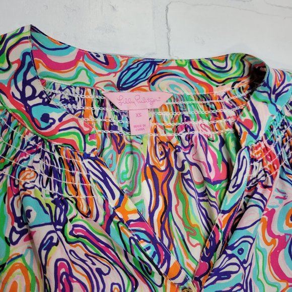 Lilly Pulitzer Silk Elsa Blouse RARE What A Catch Swirly Fish Print - Picture 5 of 5